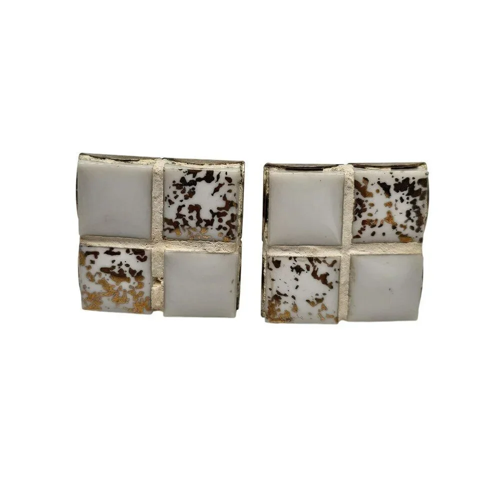 Vintage Gold Tone White Enamel Cufflinks With Square Mosaic Design